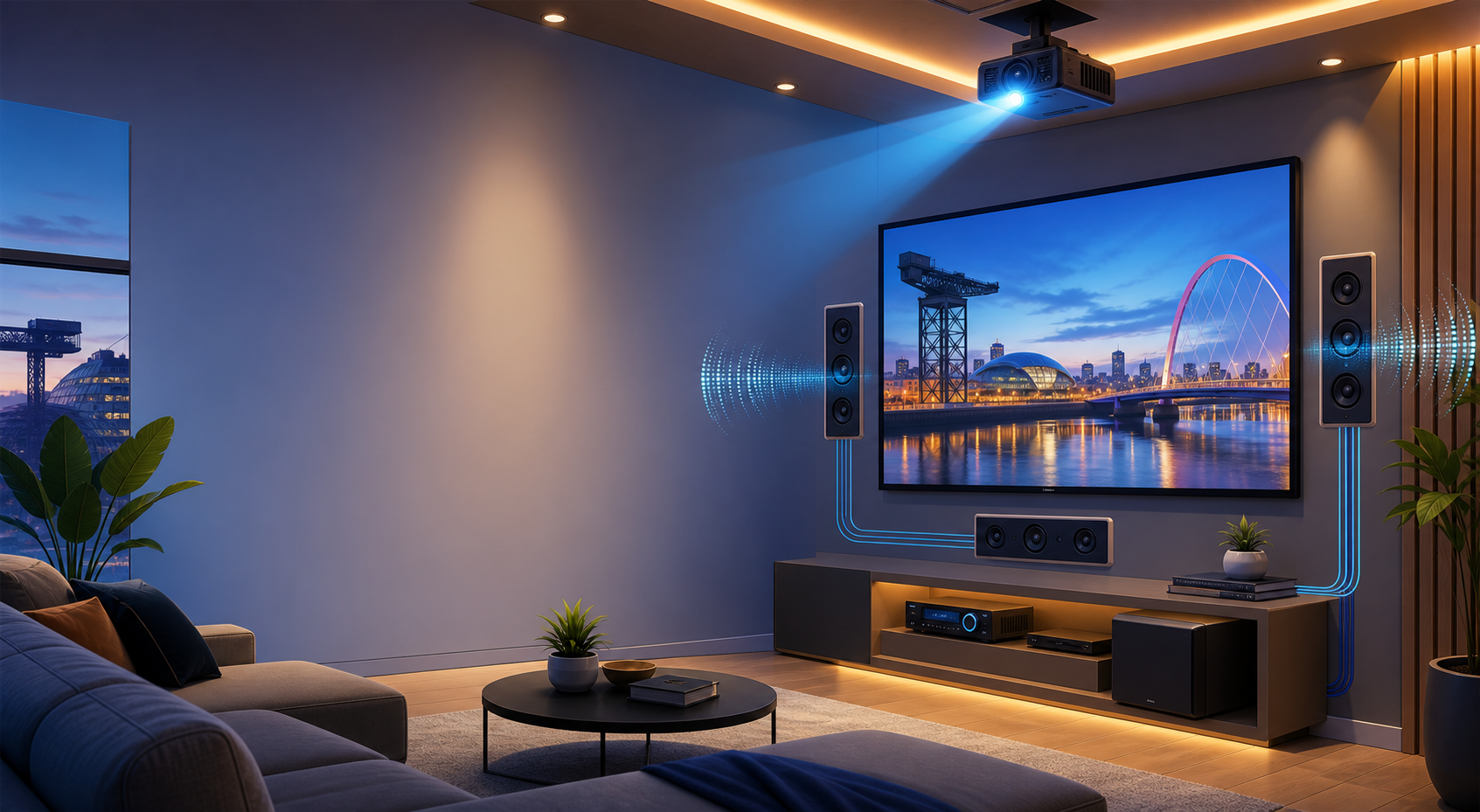 Illustrated AV installation with screen, projector, speakers, and neat cabling